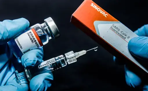 Conceptual bottle of the Chinese/Brazilian vaccine against COVID-19, CoronaVac. Image by cadu.rolim / Shutterstock. Brazil, 2020.