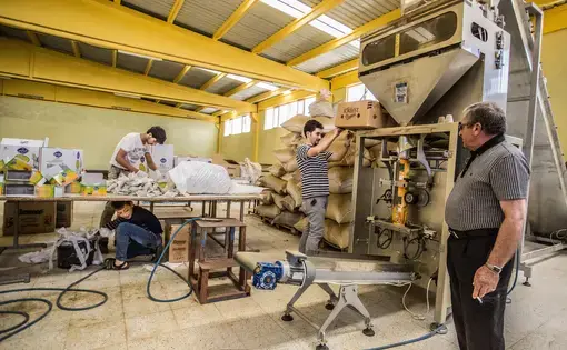 A young Syrian refugee packs tea boxes under a table in a Turkish factory near his refugee camp on the Turkey-Syria border.