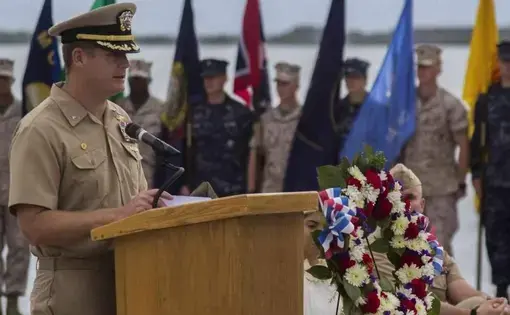 Capt. John “J.R.” Nettleton, then commanding officer of Navy base Guantánamo Bay, Cuba, delivers remarks during a Battle of Midway commemoration ceremony on June 3, 2014. Pentagon handout photo/Image courtesy of McClatchy.