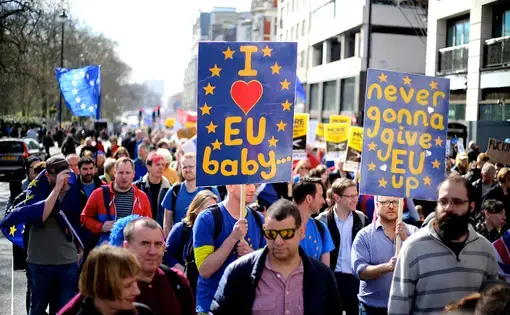 The pro-EU march from Hyde Park to Westminster in London on March 25, 2017, to mark 60 years since the EU's founding agreement, the Treaty of Rome. Image by Ilovetheeu. United Kingdom, 2017.