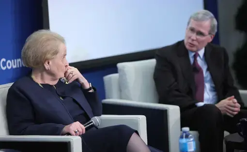 Former Secretary of State Madeleine Albright and former National Security Advisor Stephen Hadley discuss a new approach to the Middle East at the Atlantic Council. Image courtesy of Atlantic Council/Victoria Langton. Washington, D.C., 2016.