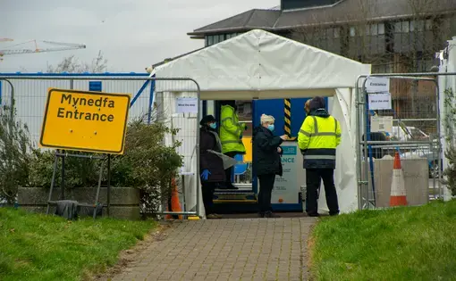A COVID-19 testing center, which was&nbsp;set up in the car park of City Hall in Cardiff, Wales. Image by GarethWilley / Shutterstock. United Kingdom, 2021.