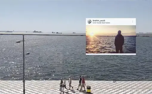 A shot of video footage of Izmir, Turkey, overlaid with images posted by refugees on Instagram from those same sites. Image by Tomas van Houtyryve. Turkey, 2016.