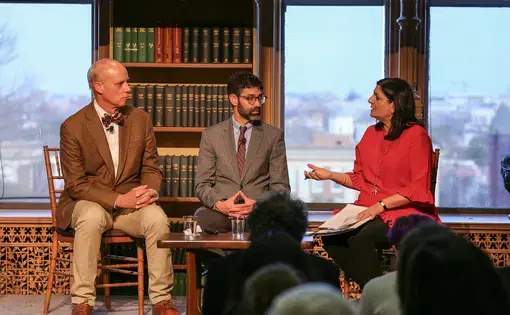 George Steinmetz, Evan Berry, and Indira Lakshmanan. Image courtesy of GU Berkley Center. USA, 2019.