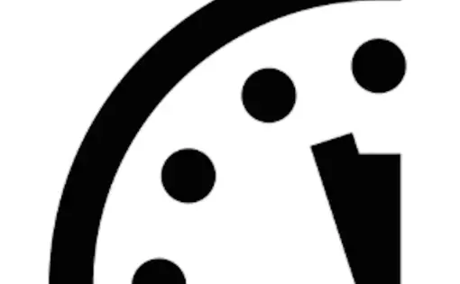 The Doomsday clock, the logo of The Bulletin of the Atomic Scientists, showing two and a half minutes to midnight.