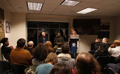 Pulitzer Center managing director Nathalie Applewhite led a discussion with filmmaker Marc Levin and former Rikers inmate Johnny Perez. Image by Alyssa Sperrazza. United States, 2018.