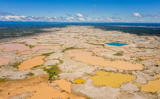 Illegal gold mining has transformed forested land into sand and ponds. Image by Brett Gundlock. Peru, 2019.