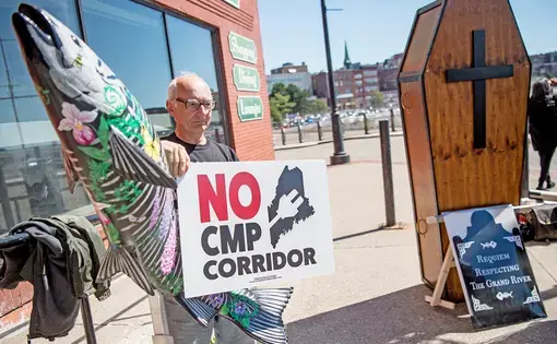 Eldred Davis protests the New England Clean Energy Connect corridor during a demonstration in Saint John, New Brunswick, Canada, on Sept. 9, 2019. Image by Michael G. Seamans. Canada, 2019.