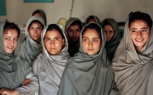 Both Sunni and Shia students study at a girls’ school in Minawar, a village near Gilgit in the province of Gilgit-Baltistan. Image by Sara Hylton/National Geographic. Pakistan, 2019.