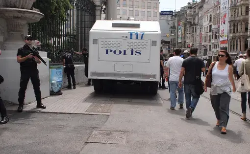 Even a year after the Gezi protests of 2013, the police presence in the heart of Istanbul remains strong. Image by Yigal Schleifer. Turkey, 2014. Media file: yigal_schleifer.jpg