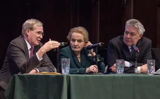 Former National Security Advisor Stephen Hadley, former Secretary of State Madeleine Albright, and Pulitzer Center Executive Director Jon Sawyer at Washington University discussing A New Approach to the Middle East. United States, 2017.
