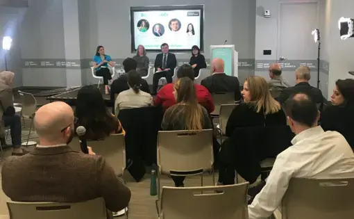 Left to right: Yuliya Panfil, Mary McCord, Ilya Somin, and Kiah Collier at the New America headquarters in Washington, D.C. Image by Elana King-Nakaoka. 2019.