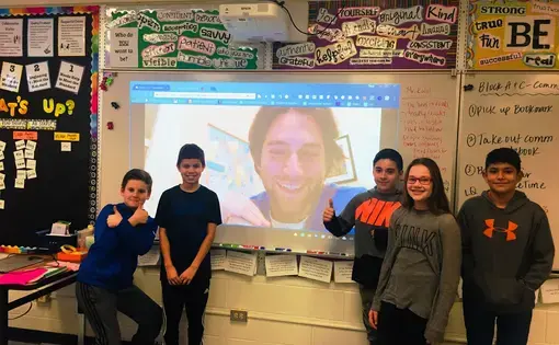Jahd Khalil dials in from Egypt to speak with Jack London Middle School 6th graders. Image courtesy of Tracy Crowley. United States, 2018.