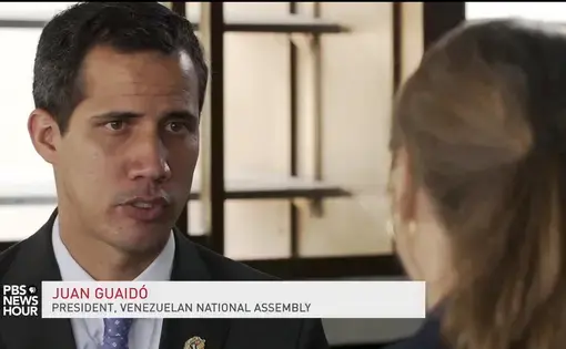 Juan Guaido, president of Venezuela's National Assembly, speaks to Pulitzer Center grantee Nadja Drost. Image by PBS NewsHour. Venezuela, 2019.