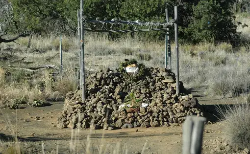 One way Native Hawaiians show respect to their ancestors is through the piling of stones into Ahu, or shrines. There are many shrines like this one on the slopes of Mauna Kea. Image by Sarah Ruiz. United States, 2016. 