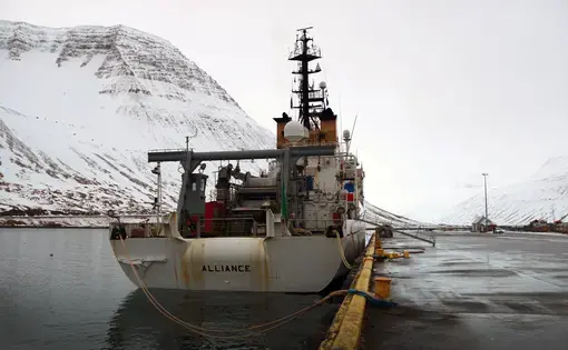 The R/V Alliance docked in Ísafjörður, Iceland, between the two legs of the research cruise. Image by Ari Daniel. Iceland, 2018.