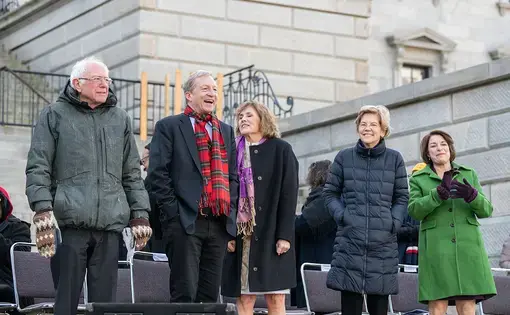 Bernie Sanders (D), Tom Steyer (D), Kat Taylor, Elizabeth Warren (D) and Amy Klobuchar (D) attend King Day At The Dome in Columbia S.C. on MLK Day. Image by Crush Rush / Shutterstock. United States, 2020.