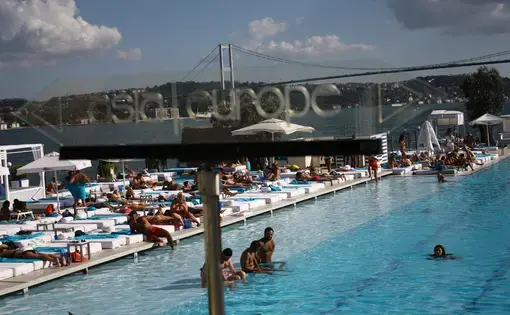 The Europe-Asia border marker at a club on an island in the middle of the Bosphorus. Image by Joshua Kucera. Turkey, 2016.