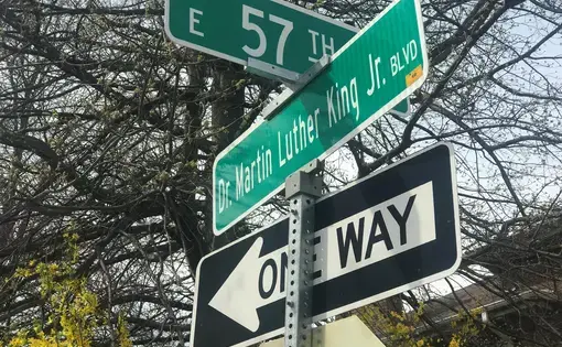 The Martin Luther King Jr. street signs that were put up by in the spring will come down by spring 2020. Image by Michelle Tyrene Johnson / KCUR 89.3. United States, 2019.