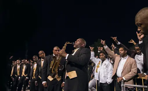Alpha Phi Alpha fraternity alumni at Clark Atlanta University welcome new members (left) of the oldest Greek-lettered organization for African Americans, which counts Frederick Douglass, W.E.B. Du Bois, and Martin Luther King, Jr., in its ranks. Image by Nina Robinson. United States, 2017.