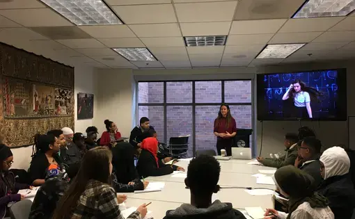 Natalie Keyssar presents to a group of homeschooled students at the Pulitzer Center office. Image by Fareed Mostoufi. United States, 2017.