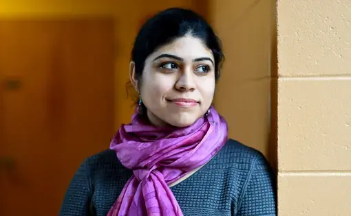 Jaspreet Mahal, a researcher at Brandeis. She is a Sikh, a member of a minority religion in India that does not recognize caste, but her husband, a doctoral student at University of Massachusetts in Boston, is a member of the Dalit community. Image by Meredith Nierman/WGBH News. United States, 2019.