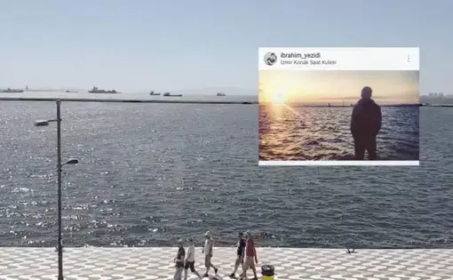 A shot of video footage of Izmir, Turkey, overlaid with images posted by refugees on Instagram from those same sites. Image by Tomas van Houtyryve. Turkey, 2016.
