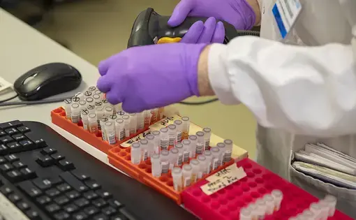 Researchers at a coronavirus testing laboratory in Leeds. Image courtesy of HM Treasury via Creative Commons. United Kingdom, 2020.