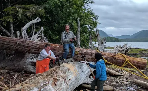 Gitxsan activists on contested Lelu Island preparing a red cedar log as a totem pole -- the sign that they are claiming the island in the face of the Canadian government. Image by Saul Elbein. Canada, 2017.