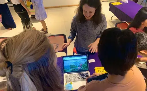 Grantee Clare Hammond presents the first part of the project at the Phandeeyar Data Fair in Yangon, Myanmar. Image by Victoria Milko. Myanmar, 2020.
