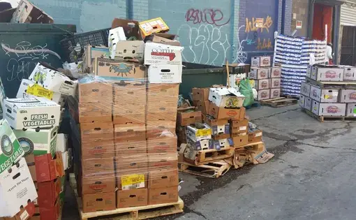 Containers of wasted food in Florida Market. Image by Karim Chrobog. Washington, D.C., 2014.