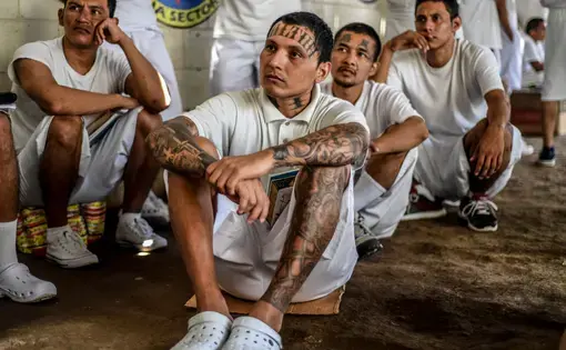 Incarcerated men at the Apanteos prison, which houses MS-13 gang members. Image by Neil Brandvold. El Salvador, 2018.