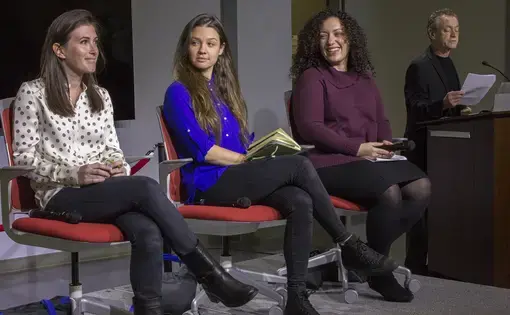 Journalists Cassandra Vinograd, Natalie Keyssar and Hannah Allam speak about reporting in conflict zones at American University in Washington, D.C. Image by Lauren Shepherd. United States, 2017.