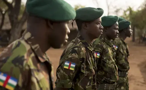 Chinko Project anti-poaching rangers lined up for a morning formation on the Chinko Project nature preserve in eastern C.A.R. Image by Elliott Woods.