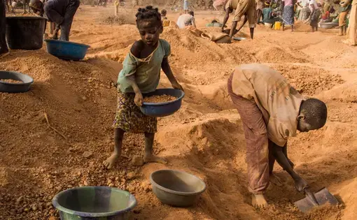 Four-year-old Rasmata Ouedraogo, left, and another child sort pans of soil for sifting. Image by Larry C. Price. Burkina Faso, 2013. Media file: MineIsBorn_Untold_Stories_Price_Burkina_Faso02.jpg