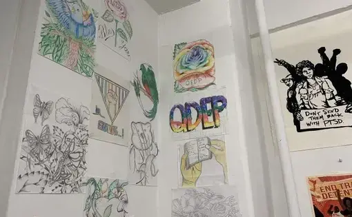 Drawings featured on one of the walls of the Queer Detainee Empowerment Project’s office. Several were created by detainees and sent to the organization from detention centers. Image by Adithi Ramakrishnan. United States, 2020.
