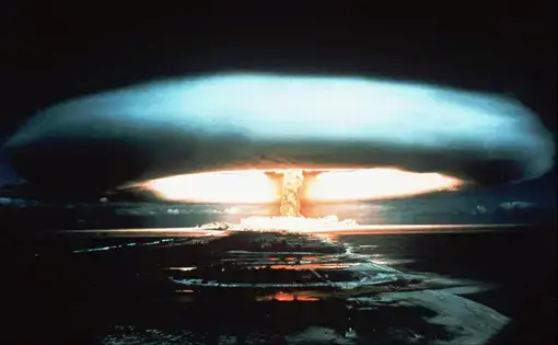 A 1971 file photo of a nuclear bomb detonated at the Mururoa atoll, French Polynesia. (AP Photo) Media file: ap_9506060137.jpg