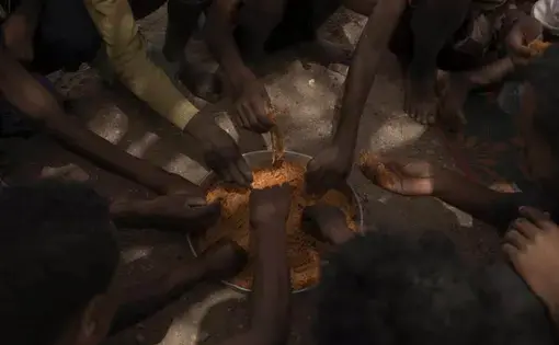 Ethiopian migrants eat spaghetti as they take shelter under a tree, in Obock, Djibouti. Image by AP Photo/Nariman El-Mofty. Djibouti, 2020.