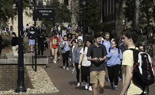 UNC students walk through campus. Image by Dennis Ludlow / Wikimedia Commons. United States, 2019.