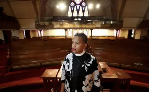 Leslie D. Callahan, pastor of St. Paul's Baptist Church, poses for a portrait, at her church in North Philadelphia on April 8. Image by David Maialetti / The Philadelphia Inquirer. United States, 2020. Leslie D. Callahan, pastor of St. Paul's Baptist Church, poses for a portrait, at her church in North Philadelphia on April 8. Image by David Maialetti / The Philadelphia Inquirer. United States, 2020.
