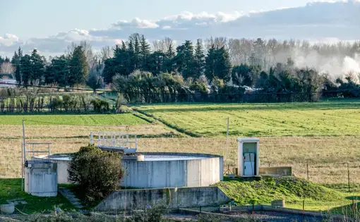 Small circular sedimentation tank for waste water settling, purification, and sewage treatment for municipal waste water, containing mainly household sewage in rural countryside of France, Europe. Image by Shutterstock. France, undated.