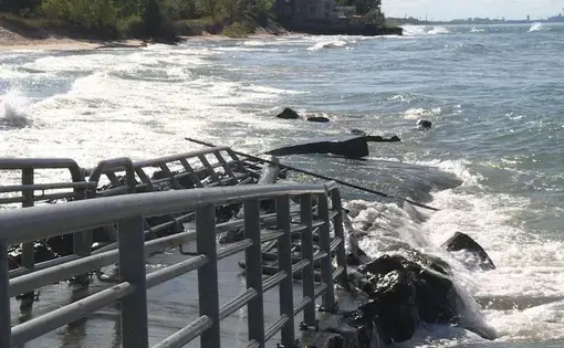 This sunken 100-foot walkway in Indiana Dunes National Park was built to help people with disabilities enjoy the lakeside view. Now, due to erosion, visitors can no longer use it. Image by
Tyler Lake / WTIU. United States, undated.