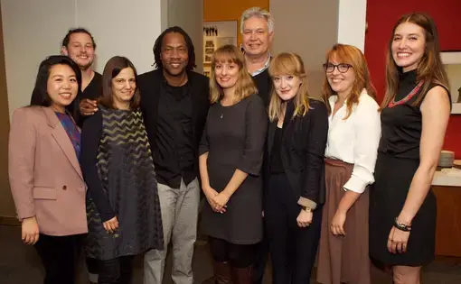 Filmmaker Leslie Tai (left) with jurors from the 2017 competition she won organized by the Pulitzer Center in collaboration with The New York Times Op-Docs and Tribeca Film Institute. Jurors from left to right: NYT Video Journalist Ben Solomon, TFI Executive Director Amy Hobby, director, writer and producer Roger Ross Williams, Op-Docs Executive Producer Kathleen Lingo with Pulitzer Center Executive Director Jon Sawyer. Also included are the competition's student winners (far right): Luisa Conlon, Lacy…