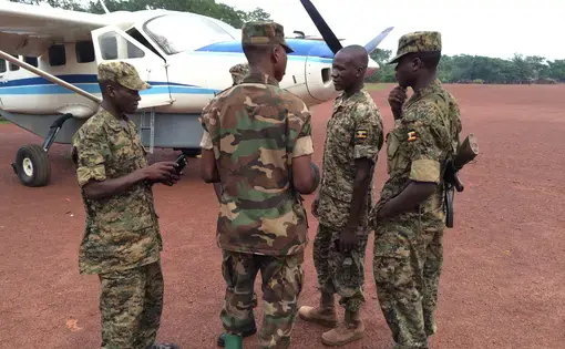 Invisible Children employees and a returned child soldier arrive at the nonprofit's headquarters in Obo, CAR. Image by David Gauvey Herbert. CAR, 2016.