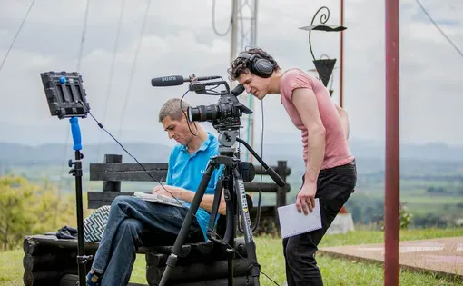 Filming an interview with an ex-combatant in La Union, Colombia. Filming interviews in Colombia