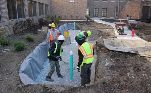 A Walnut Way Blue Skies team installing green infrastructure at a neighborhood church to manage stormwater. Image by Erica Heisdorf Bisquerra. United States, 2020.