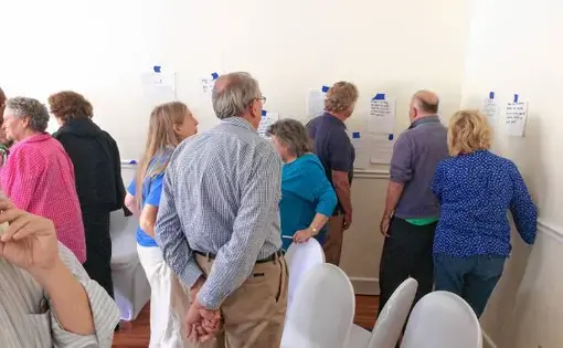 Leverett and Letcher County participants survey questions they had posed at their last meeting about what they still wanted to know about one another. Image by Richie Davis. United States, 2018.