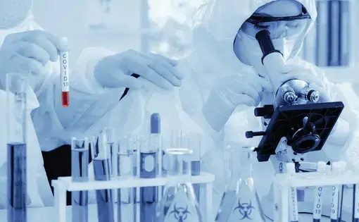 Scientists analyze COVID-19 samples. Image via Shutterstock.