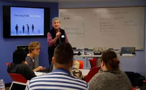 Don Belt introduces the Out of Eden Walk to a workshop of educators at San Diego State University. Image by Lauren Shepherd. United States, 2017.