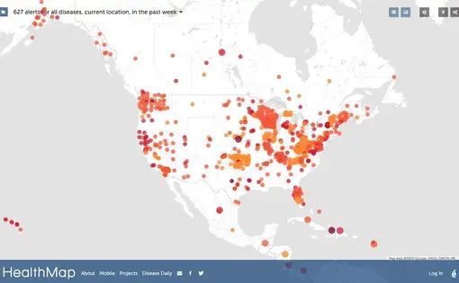 HealthMap uses artificial intelligence and data mining to spot disease outbreaks and issue location-specific alerts (colored dots) on COVID-19 and other diseases. It sounded an early alarm on the pandemic. Image by HealthMap. United States, 2020.